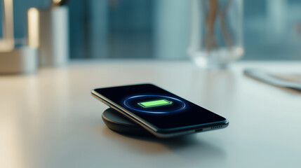 Smartphone charging wirelessly on a modern desk in a clean office setting.  
