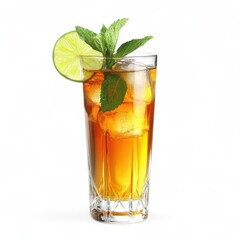 Iced tea with lime and mint garnish in glass on white background