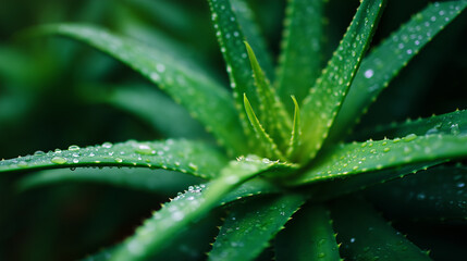 Fototapeta premium Close-up of a fresh green aloe vera plant with water droplets on its leaves.