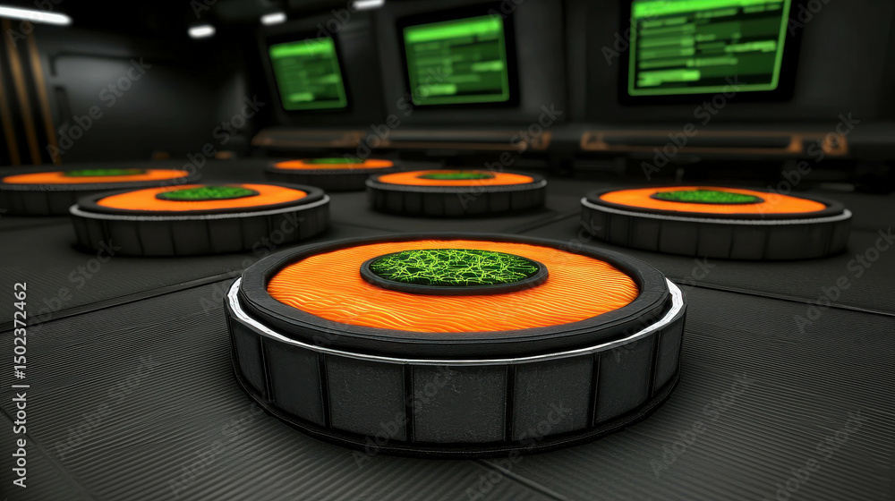 Poster futuristic technology interface with glowing discs and digital displays in a high-tech environment, 