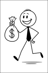 A smiling stickman walks holding a money bag, symbolizing success, wealth, and financial gain. vector illustration of a cartoon character