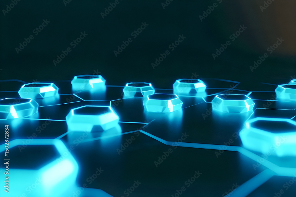 Poster futuristic abstract composition of glowing hexagonal shapes in neon blue lights creating a digital n