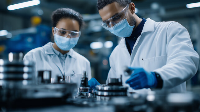 Two diverse engineers in lab coats, masks, and safety glasses working with machinery in a modern factory or lab.
