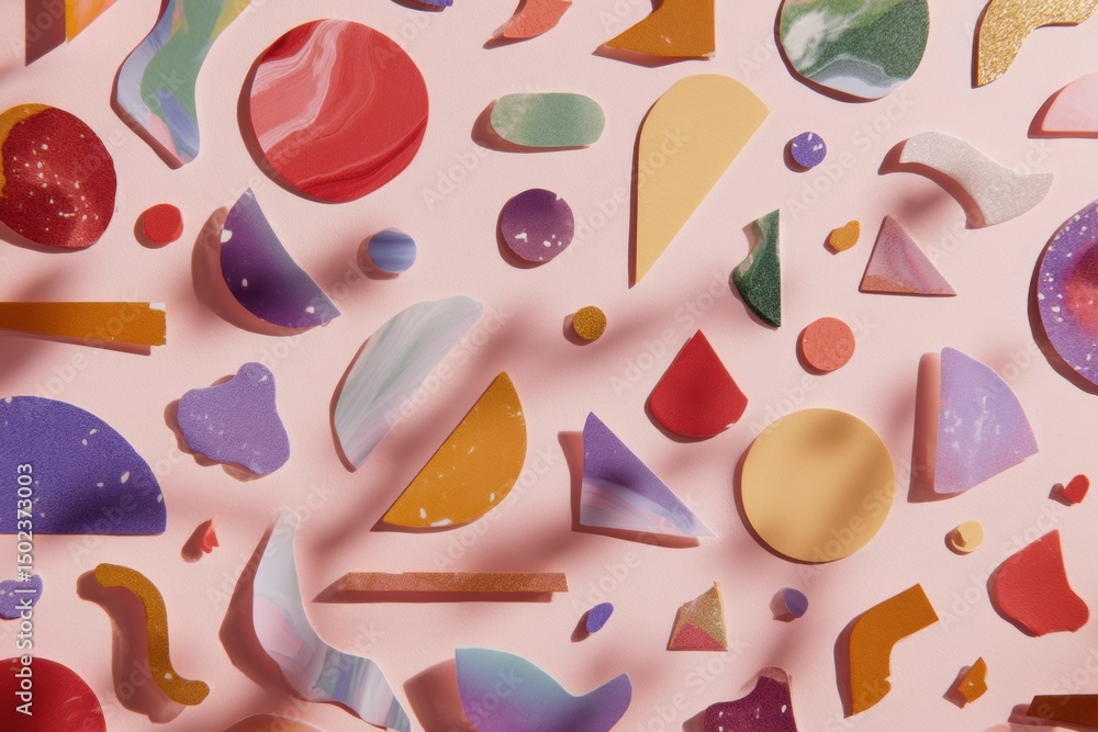 Poster abstract art sticker shapes create a dynamic visual display on a soft pink background with clear upp