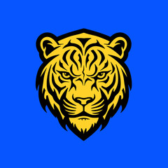 Vector Illustration of Fierce Tiger Head Logo on Blue Background
