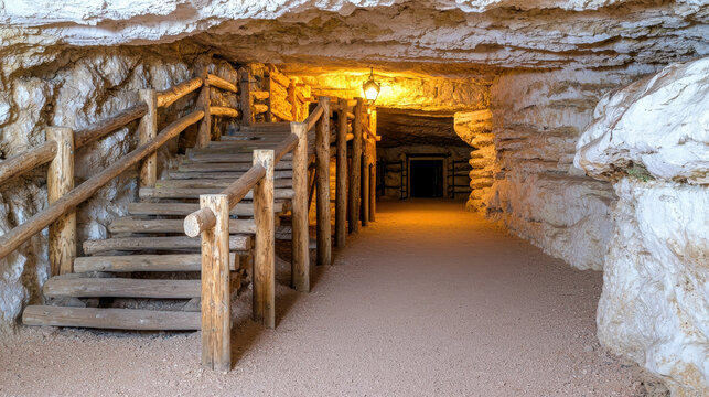 Wooden staircase leading into a warm underground cave with illuminated lanterns and soft sandy floor surrounded by impressive rock formations