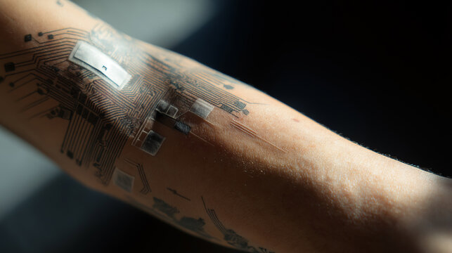 Close-up of a person's arm with a transparent electronic skin patch, symbolizing medical technology or future wearables.