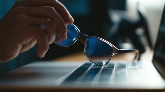 Hands placing eyeglasses on a laptop keyboard, symbolizing a break from work or digital eye strain.
