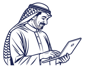 Arabian Businessman Working On Laptop Using Modern Technology Solutions
