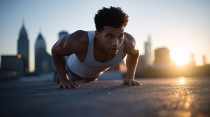 Naklejka premium Athletic man doing push-ups on a rooftop at sunrise with a city skyline in the background. 