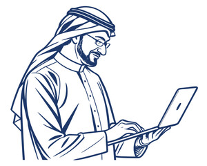 Arabian Man Working With Laptop Using Technology and Innovation Concepts