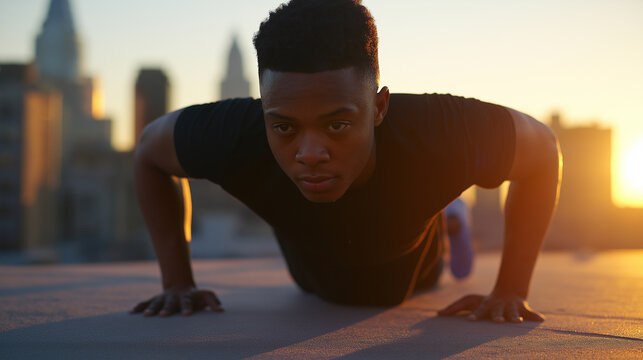 Athletic man doing push-ups on a rooftop at sunrise with a city skyline in the background.  
