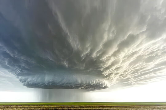 Dramatic panoramic view of a supercell storm with intense rain over a rural landscape under a powerful atmospheric phenomenon