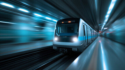Fototapeta premium High-speed subway train arriving at an underground metro station with motion blur emphasizing speed and technology. 