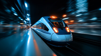 Obraz premium High-speed subway train arriving at an underground metro station with motion blur emphasizing speed and technology. 