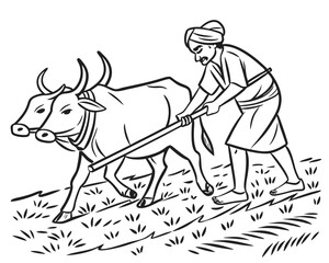 Farmer Cultivating the Land with an Oxen Pair Hand Drawn