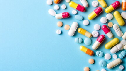 Assorted medicine pills and capsules arranged on a bright blue background representing pharmaceutical science, healthcare treatment, and modern medical research
