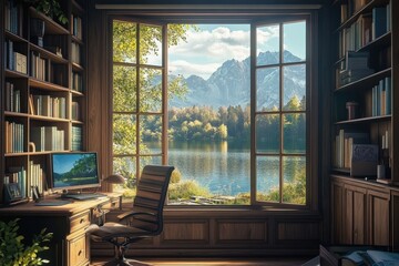 Obraz premium Study room with stunning lake view in a lakeside house, perfect for creative work and relaxation, study room in a lakeside house, Seamless Photo background