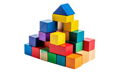 Colorful wooden toy building blocks and cubes isolated on a white background