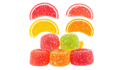 Brightly colored fruit jelly candies isolated on a white background make a tasty, sweet, and colorful snack