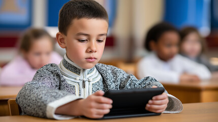 Focused boy using tablet during classroom lesson with students in the background.
