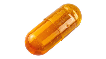 Yellow medicine pills in a glass bottle isolated on white background