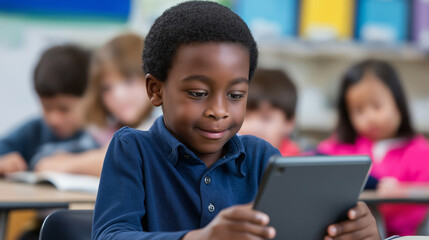 Focused young boy using a digital tablet in a classroom setting, with other children in the background.
