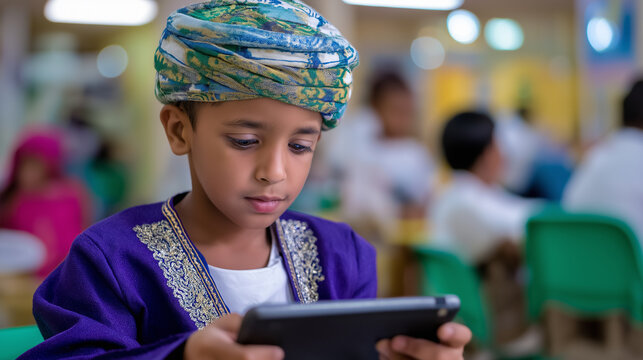 Young boy in cultural dress and turban using digital tablet in a busy classroom setting.
