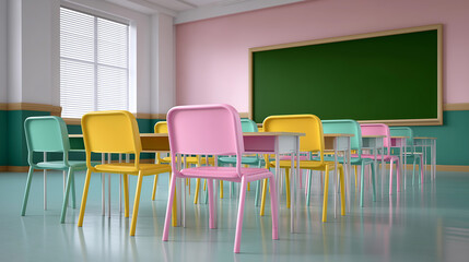 Row of colorful children's chairs lined up next to a table in a bright and cheerful classroom or kindergarten.
