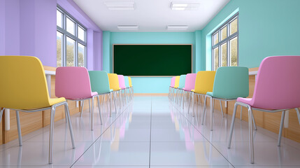Row of colorful children's chairs lined up next to a table in a bright and cheerful classroom or kindergarten.
