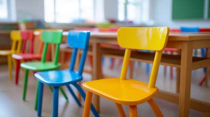 Row of colorful children's chairs lined up next to a table in a bright and cheerful classroom or kindergarten.
