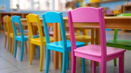 Row of colorful children's chairs lined up next to a table in a bright and cheerful classroom or kindergarten.
