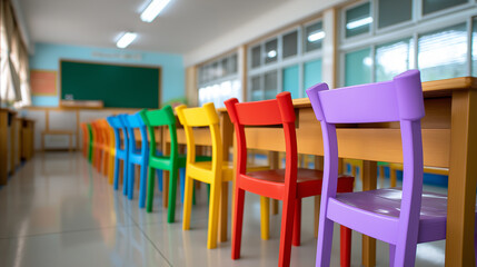 Row of colorful children's chairs lined up next to a table in a bright and cheerful classroom or kindergarten.
