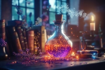 Enchanting magic potion brewing in a mystical forest workshop at twilight, Magic Potion Being Made Fantasy Scene