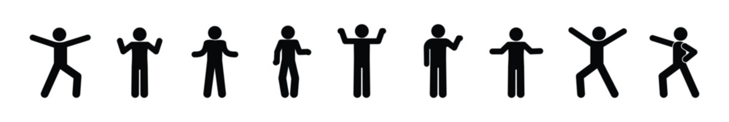 stick figure man icon, people waving their hands, human silhouettes isolated, basic poses set