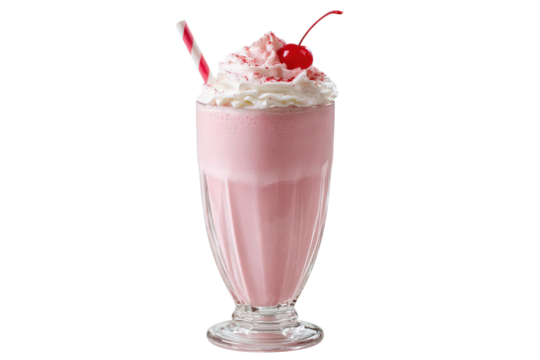 Delicious strawberry milkshake with whipped cream and cherry on top isolated on transparent background - Powered by Adobe