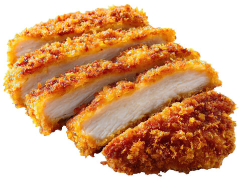 Crispy fried chicken cutlet recipe, panko breaded chicken breast, japanese katsu on transparent background