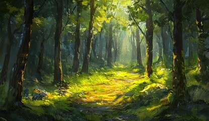 Fototapeta premium Sunlight streams through a dense forest path. Lush green trees line a pathway, dappled with sunlight