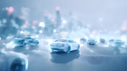 a futuristic cityscape at night, with a network of connected cars driving down the streets.