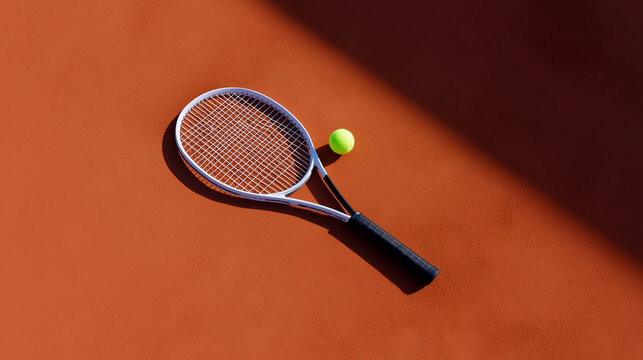 Tennis racket and ball lying on orange clay court in strong directional light.
