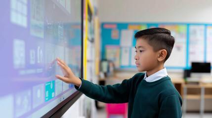 Schoolboy interacting with large touch screen in modern digital classroom.
