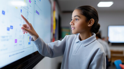 Girl interacting with digital smartboard during classroom lesson.
