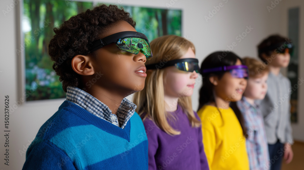 Poster group of school children using augmented reality glasses during interactive classroom activity.