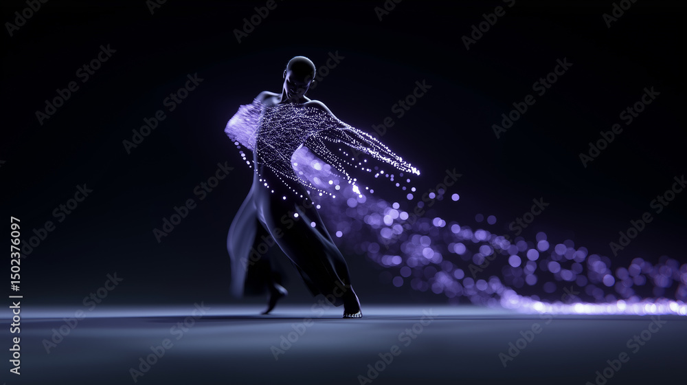 Poster abstract dancer in motion with flowing digital light particles creating a dynamic visual trail.