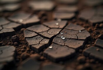 Obraz premium Macro shot of compacted soil texture in dark brown tones, earthy layers with subtle cracks and dry details, soft lighting with natural depth, realistic organic background with negative space