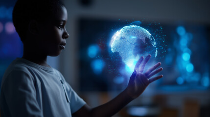 Young boy interacting with holographic 3D Earth in immersive digital environment.
