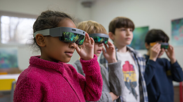 Group of school children using augmented reality glasses during interactive classroom activity.

