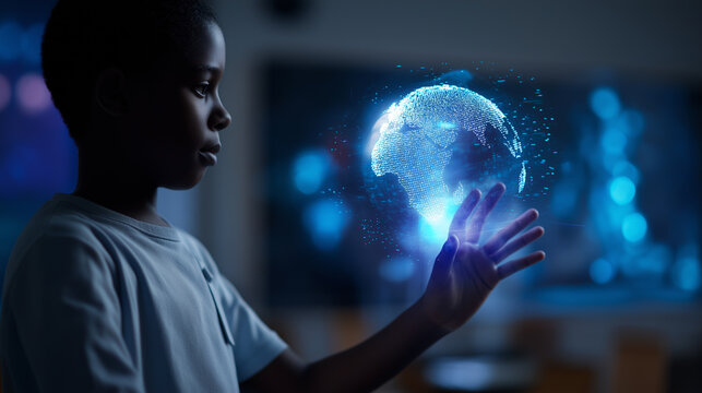 Young boy interacting with holographic 3D Earth in immersive digital environment.
 - Powered by Adobe