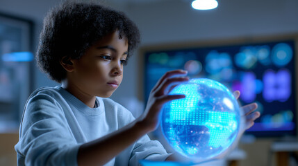 Young boy interacting with holographic 3D Earth in immersive digital environment.