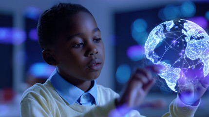 Curious boy exploring interactive holographic globe in futuristic digital classroom.
